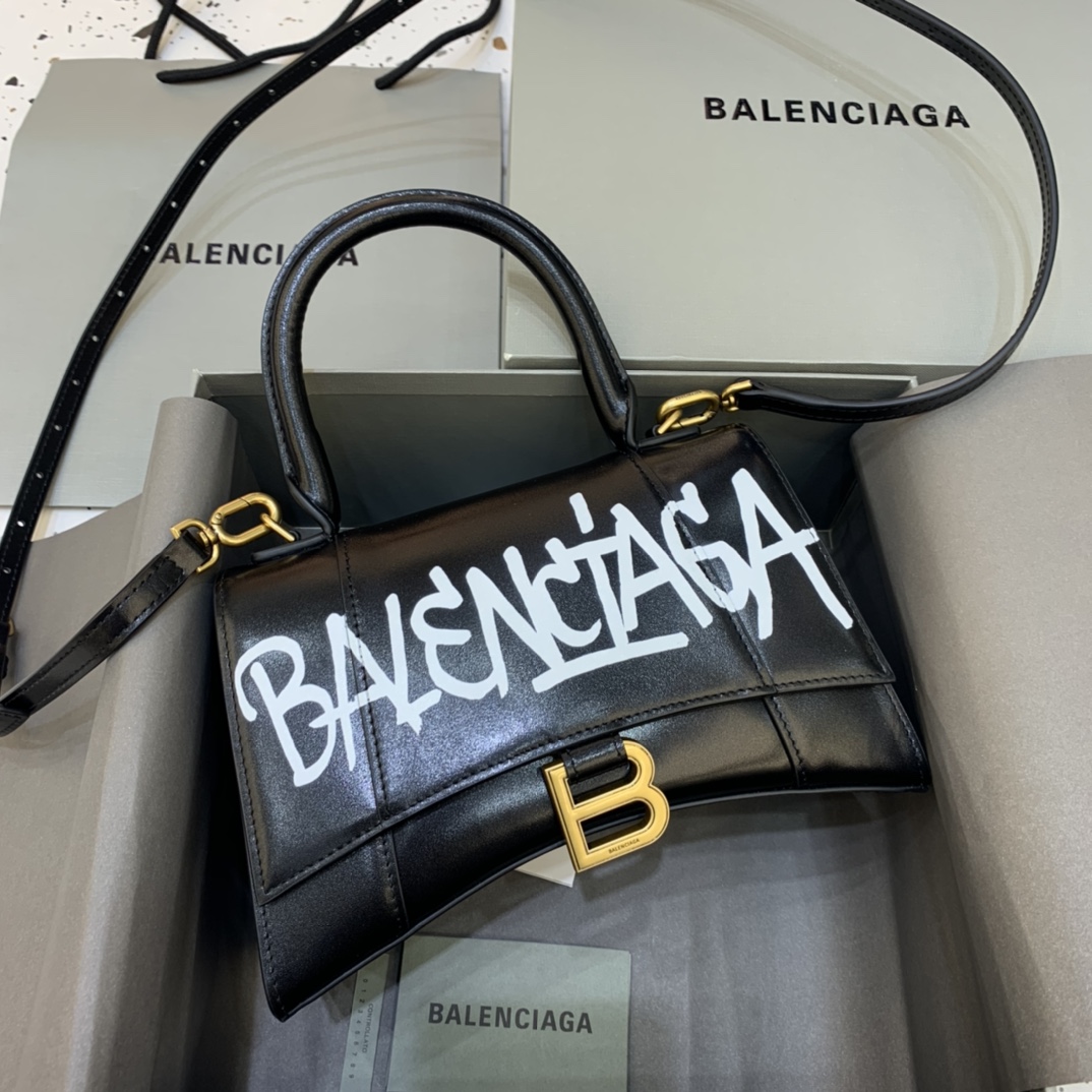 Balenciaga Hourglass Small Handbag Graffiti Shoulder Bag Black